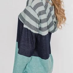 Levency Stripe Color Block Drawstring Hooded Pullover New In