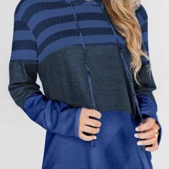 Levency Stripe Color Block Drawstring Hooded Pullover New In