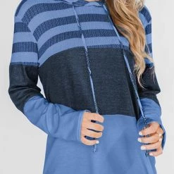 Levency Stripe Color Block Drawstring Hooded Pullover New In