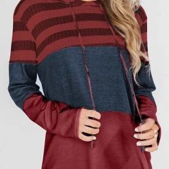 Levency Stripe Color Block Drawstring Hooded Pullover New In