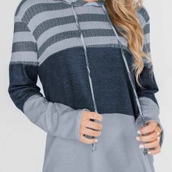 Levency Stripe Color Block Drawstring Hooded Pullover New In