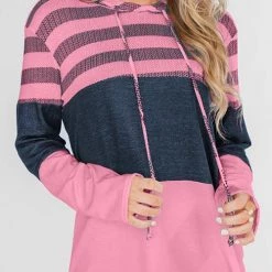 Levency Stripe Color Block Drawstring Hooded Pullover New In