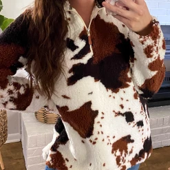 Levency Cow Sherpa Zipper Collar Pullover New In