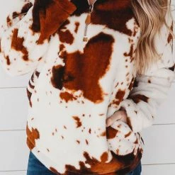 Levency Cow Sherpa Zipper Collar Pullover New In