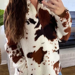 Levency Cow Sherpa Zipper Collar Pullover New In