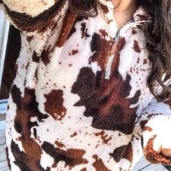 Levency Cow Sherpa Zipper Collar Pullover New In