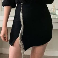 Levency Rhinstone Tassels Slit Skirts