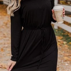 Levency Drawstring O Neck Long Sleeve Swing Dress