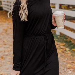 Levency Drawstring O Neck Long Sleeve Swing Dress