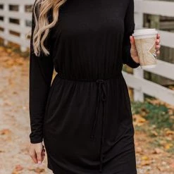 Levency Drawstring O Neck Long Sleeve Swing Dress