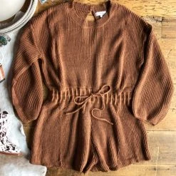 Levency O Neck Puff Long Drawstring Sweater Romper