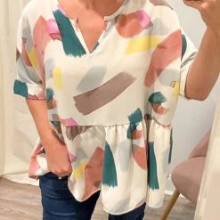 Levency Print Cuffed Sleeves Peplum Blouse