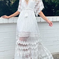 Levency Lace V Neck Open Back Maxi Dress New In