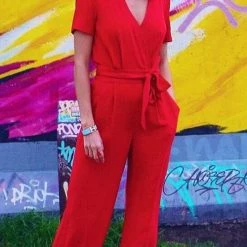 Levency Bow Tie V Neck Short Sleeve Jumpsuit