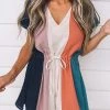 Levency Colorful Stripe Drawstring V Neck Romper New In