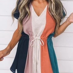 Levency Colorful Stripe Drawstring V Neck Romper New In