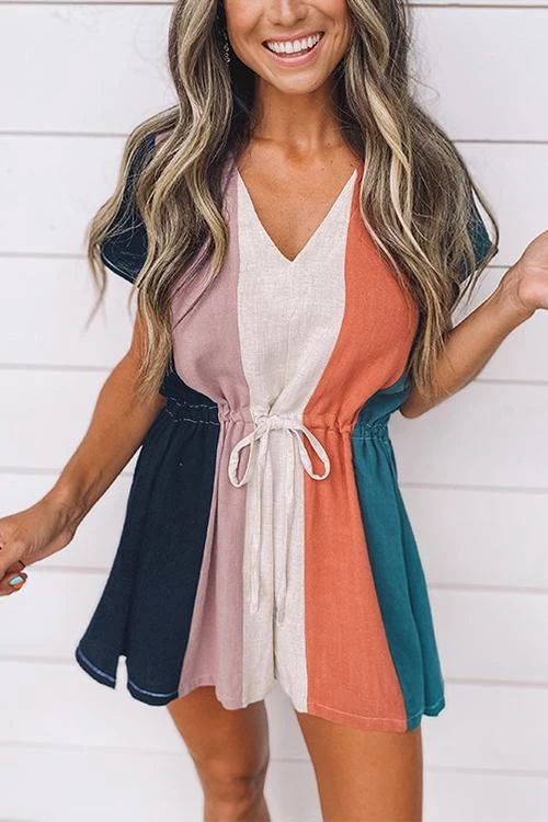 Levency Colorful Stripe Drawstring V Neck Romper New In 1 Levency Colorful Stripe Drawstring V Neck Romper New In