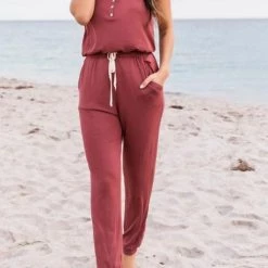 Levency Button Sleeveless Drawstring Jumpsuits