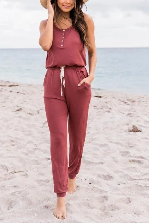 Levency Button Sleeveless Drawstring Jumpsuits 2 Levency Button Sleeveless Drawstring Jumpsuits