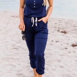 Levency Button Sleeveless Drawstring Jumpsuits
