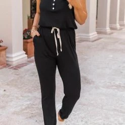 Levency Button Sleeveless Drawstring Jumpsuits 14 Levency Button Sleeveless Drawstring Jumpsuits
