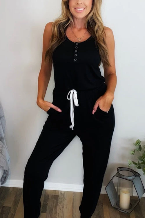 Levency Button Sleeveless Drawstring Jumpsuits 7 Levency Button Sleeveless Drawstring Jumpsuits