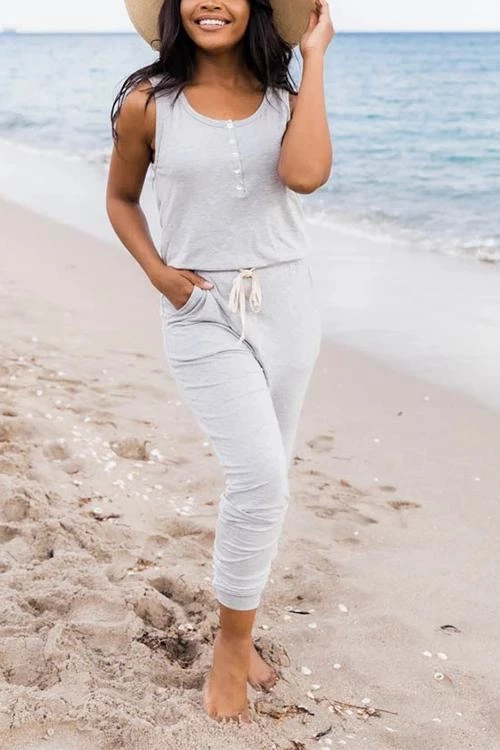 Levency Button Sleeveless Drawstring Jumpsuits 4 Levency Button Sleeveless Drawstring Jumpsuits