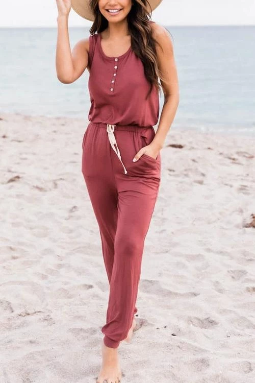 Levency Button Sleeveless Drawstring Jumpsuits 12 Levency Button Sleeveless Drawstring Jumpsuits