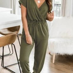 Levency V Neck Drawstring Pockets Jumpsuits