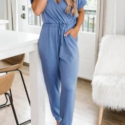Levency V Neck Drawstring Pockets Jumpsuits