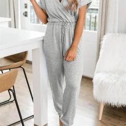 Levency V Neck Drawstring Pockets Jumpsuits