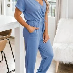 Levency V Neck Drawstring Pockets Jumpsuits