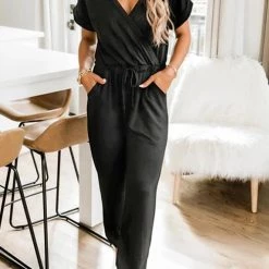 Levency V Neck Drawstring Pockets Jumpsuits
