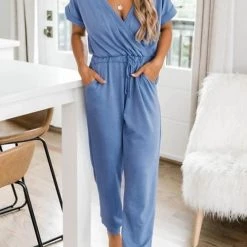 Levency V Neck Drawstring Pockets Jumpsuits