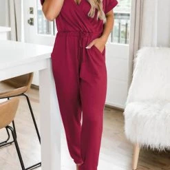 Levency V Neck Drawstring Pockets Jumpsuits