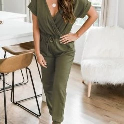 Levency V Neck Drawstring Pockets Jumpsuits
