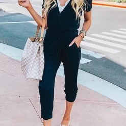 Levency V Neck Drawstring Pockets Jumpsuits