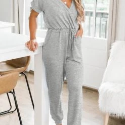 Levency V Neck Drawstring Pockets Jumpsuits