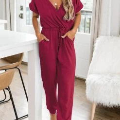 Levency V Neck Drawstring Pockets Jumpsuits