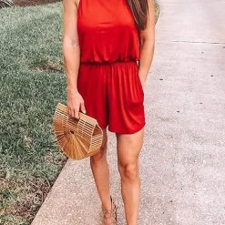 Levency Solid Sleeveless Open Back Romper New In