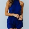 Levency Solid Sleeveless Open Back Romper New In