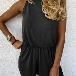 Levency Solid Sleeveless Open Back Romper New In