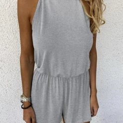 Levency Solid Sleeveless Open Back Romper New In
