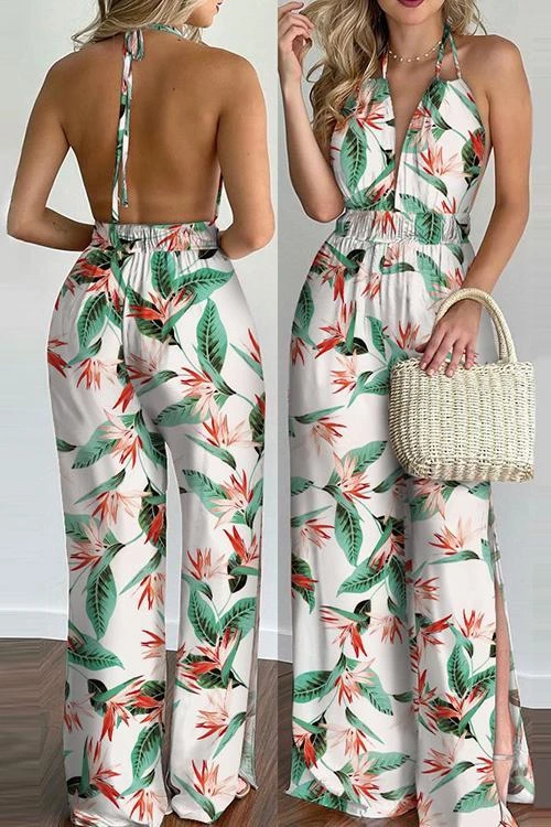 Levency Floral Print Backless Slit Slip Jumpsuits 4 Levency Floral Print Backless Slit Slip Jumpsuits