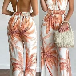 Levency Floral Print Backless Slit Slip Jumpsuits