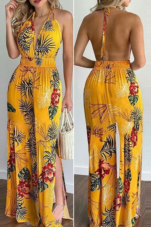 Levency Floral Print Backless Slit Slip Jumpsuits 3 Levency Floral Print Backless Slit Slip Jumpsuits