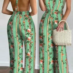 Levency Floral Print Backless Slit Slip Jumpsuits