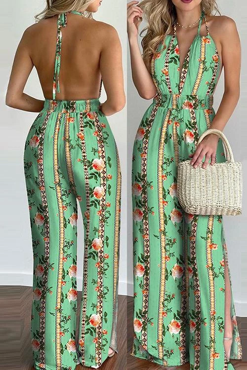 Levency Floral Print Backless Slit Slip Jumpsuits 1 Levency Floral Print Backless Slit Slip Jumpsuits