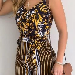 Levency Leaf Stripe Bleted Slip Romper