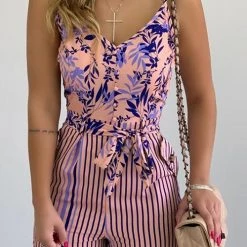 Levency Leaf Stripe Bleted Slip Romper